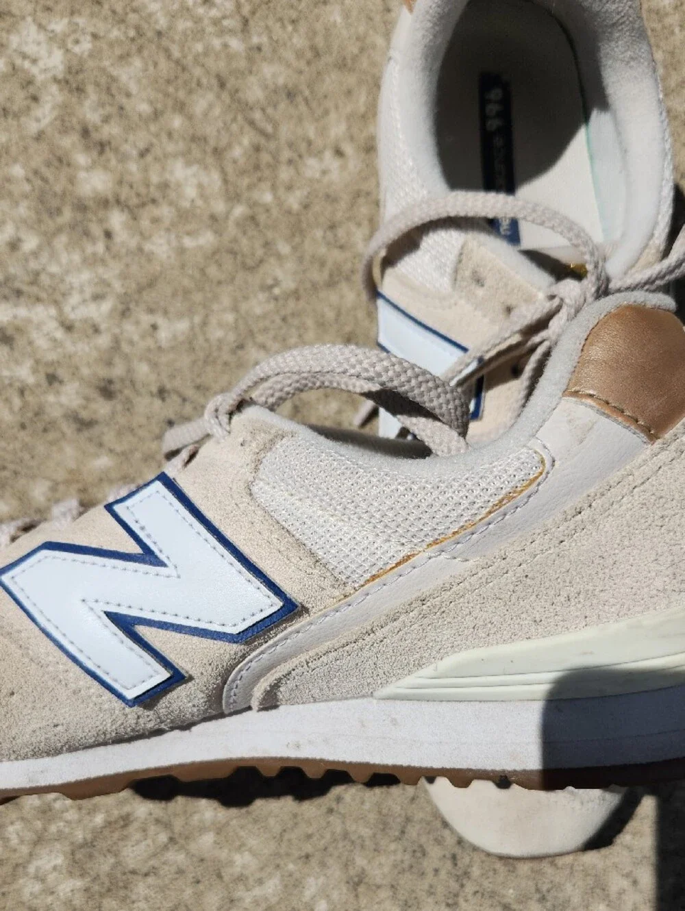 New Balance Men’s Cream Suede & White Mesh Sneakers with Navy Logo
